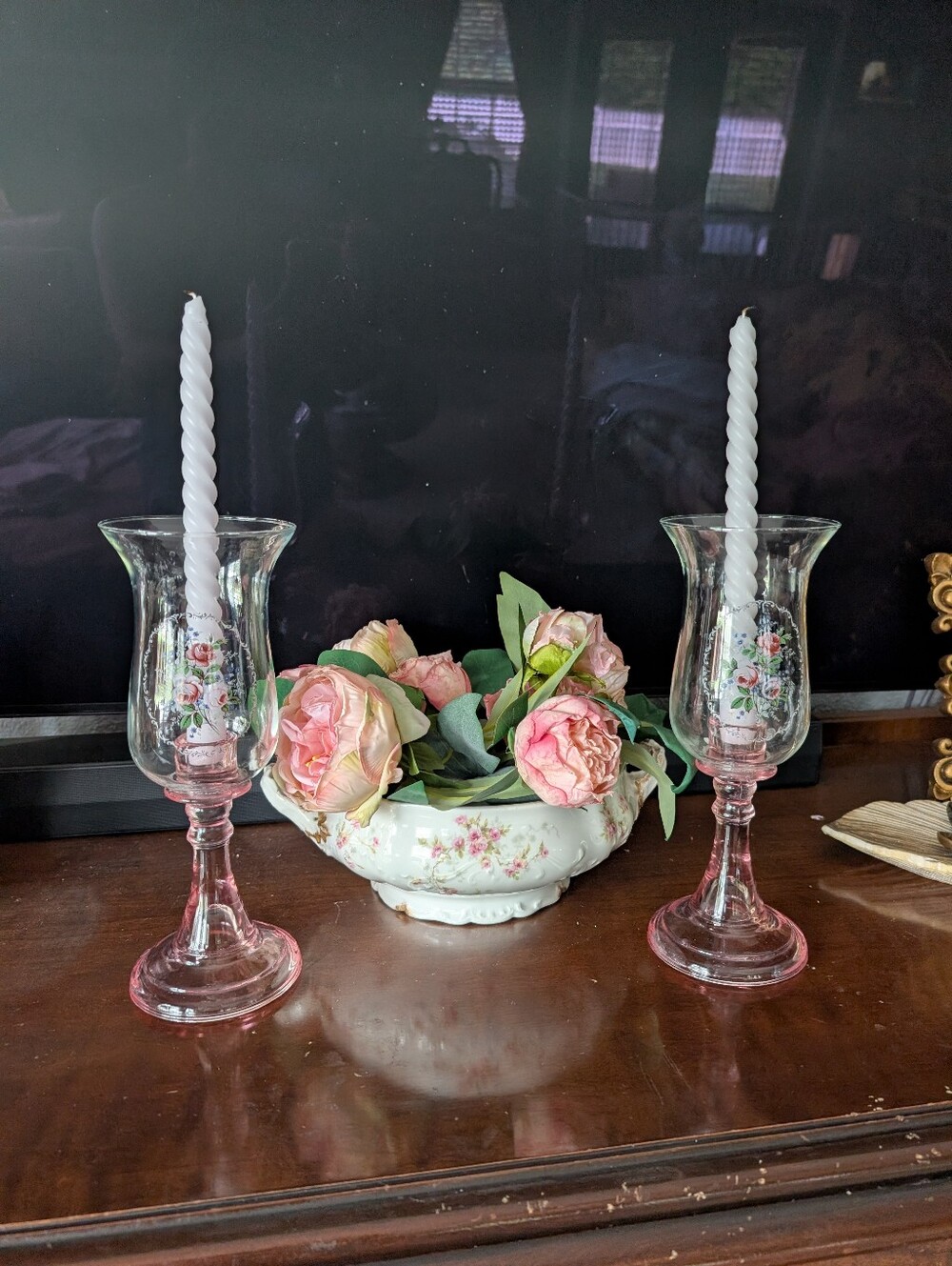 Vintage, set of 2, Victorian Cottagecore Pink Floral Glass Candle holders 10.5"